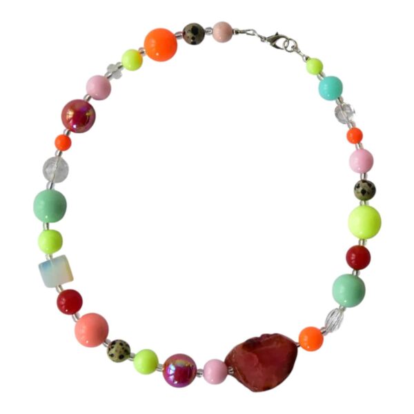 Halskette Opalith, Leoparden Jaspis, Pinker Achat Kurze Kette aus Edelstein Harz Mix Achat Scheibe – Bild 4