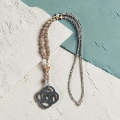 Statement Halskette mit Horn Anhänger - Lange Naturstein Kette Braun Beige – Bild 6