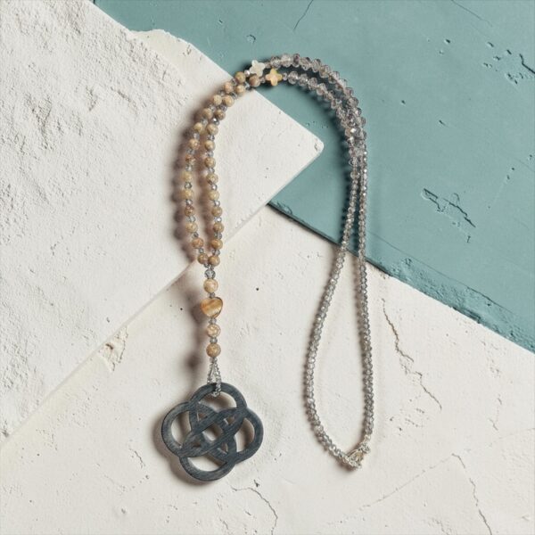 Statement Halskette mit Horn Anhänger - Lange Naturstein Kette Braun Beige – Bild 6