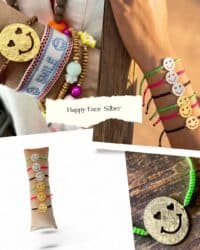Smiley Armband aus vergoldetem Silber und Stoffkordel