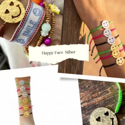 Smiley Armband aus vergoldetem Silber und Stoffkordel