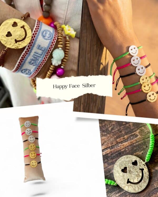 Smiley Armband aus vergoldetem Silber und Stoffkordel – Bild 1