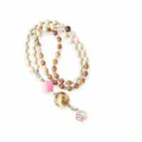 MUSTER MEDIO Einzelstück Rosa Braun Bettelkette aus Olivenholz mit Lederkugel – Bild 4