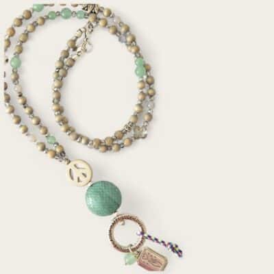 MUSTER Einzelstück Aventurin Bettelkette aus Holz mit Peace